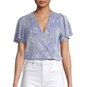 NWT ASTR The Label Short Sleeve Wrap Blouse Top Blue & White | Size XS